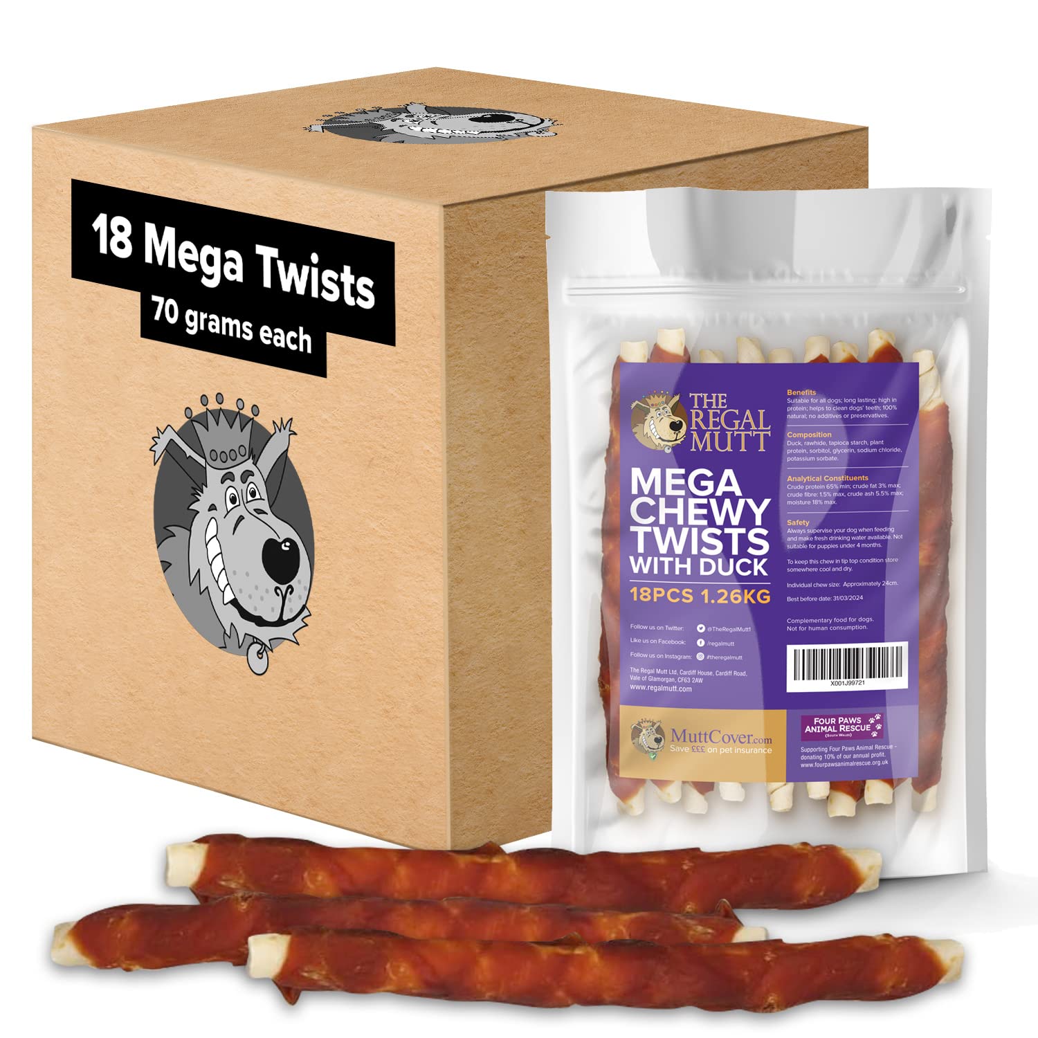 The Regal Mutt - Mega Chewy Twists with Duck - Bag of 18 (1.25kg Bag)