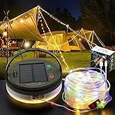 33FT Solar Camping String Lights, Rechargeable String Lights with 8 Modes, Waterproof Outdoor Lights with Delay Closure, Retractable Design & Hooks for Outdoor Patio Awning Garden Party Essentials