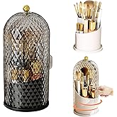 Concealed Toothbrush Holder, Makeup Brush Holder Organizer with Lid 360 Rotating Clear Dustproof for Dresser Tabletop Bathroom Countertop (Black)