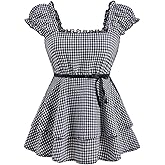 winkbay Women's Cute Plaid Puff Sleeve Peplum Tops Bow Tie Square Neck Babydoll Going Out Blouse