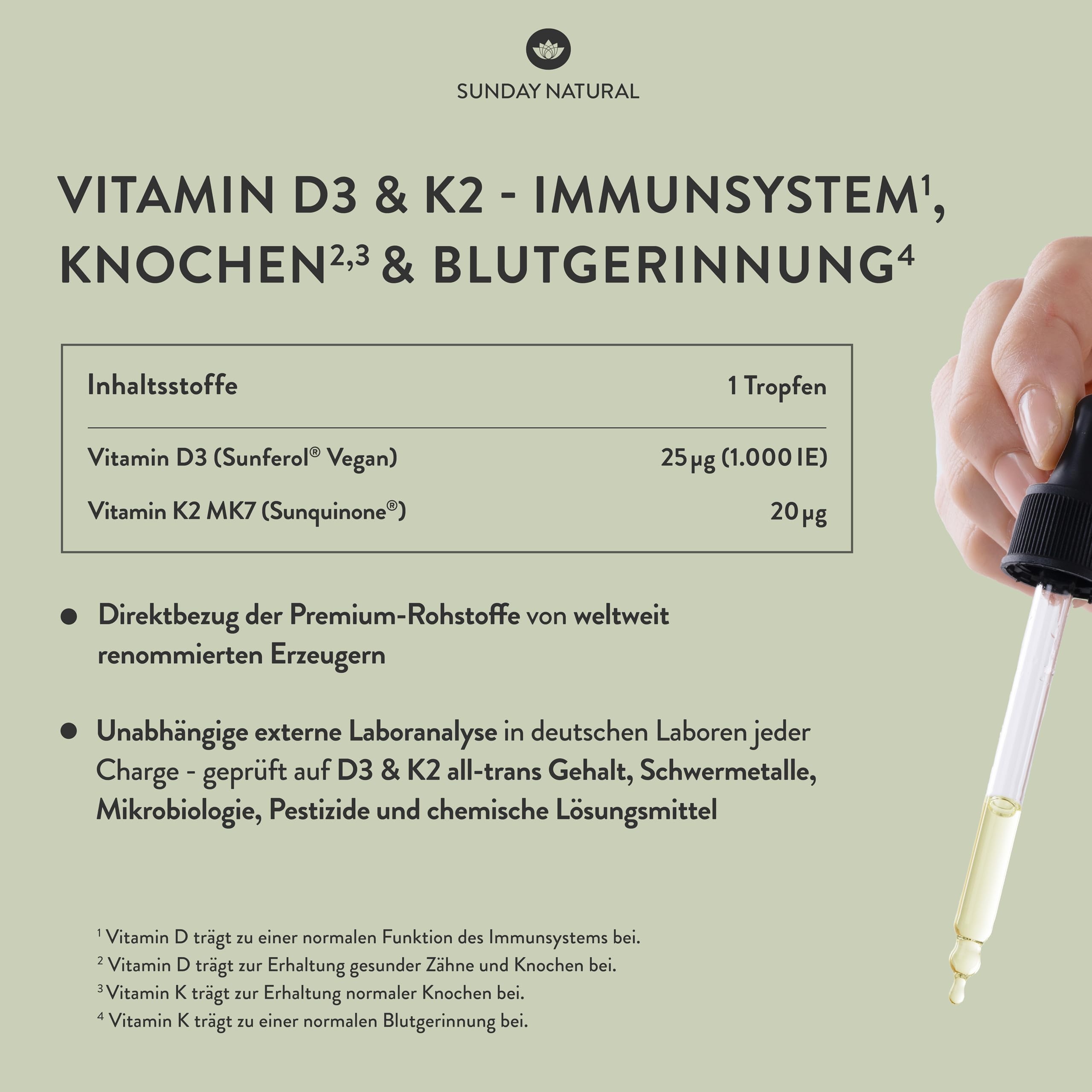 SUNDAY NATURAL® Vitamin D3 K2 Tropfen – Premium Vitamin D 3 1.000 IE (25µg) + K2-MK7 ≥99,8% all-trans 20µg – Kölner Liste® - Hohe Bioverfügbarkeit, ohne unnötige Zusätze, laborgeprüft 3