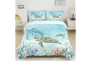 CVHOUSE Sea Turtle Duvet Cover Twin Size,Ocean Watercolor Bedding Set for Kids Teens,Beach Comforter Cover,1 2 Pillowcases 3 Piece Twin 71'x87'