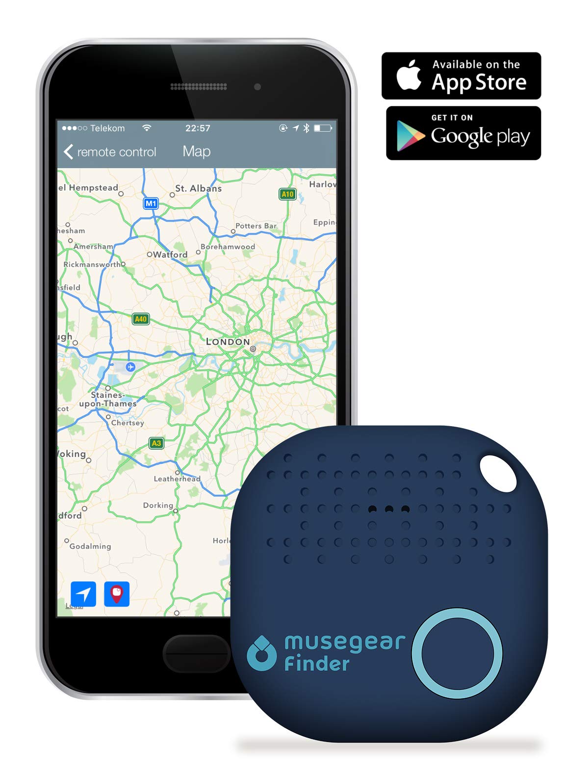 musegear app key finder (dark blue), NEW VERSION 2 | 3x louder | Easily find and track your keys, phone, remote, wallet | Smartphone Bluetooth-GPS pairing
