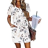 AUSELILY Womens Summer Dresses 2026 Causal Short Sleeve V Neck Tie Front Mini Short Dress with Pockets
