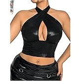 MakeMeChic Women's Plus Size Halter Top PU Leather Criss Cross Cut Out Backless Crop Tops