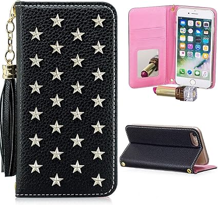 Amazon Co Jp Iphone11ケース手帳型可愛い スター スタッズ 星飾り かっこいい 携帯カバー 19 Iphone 6 1インチ 専用 Iphone11 カバーミラー付き 人気女性ケース タッセルデザイン 内蔵マグネット式 ベルト無し手帳型ケース アイフォン11ケース 化粧鏡付き 軽量