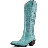 GORBINETI Women Cowboy Boots Mid Calf Cowgirl Western Boots Embroidered Suede Pull On Almond Toe Chunky Heel Turquoise 8