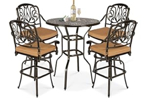W WARMHOL 5 Pieces Patio Swivel Bar Set, Patio Bar Table and Chairs Set, All-Weather Cast Aluminum Outdoor Swivel Bar Stools of 4 and 38.5" Bar Height Table, High Top Bistro Set for Deck, Pool, Garden