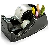Officemate 2-in-1 Heavy Duty Tape Dispenser - Fits 1 Inch and 3-Inch Cores, Weighted 5.5 lb Base for Stability, Holds Packing and Standard Tape, Storage Compartment for Office Supplies, Black