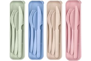 ZOYIANCY 4 Sets Travel Utensil Set with Case, Portable Cutlery Set Spoon Knife Fork, Reusable Wheat Straw Utensils for Lunch Picnic Camping Daily Use