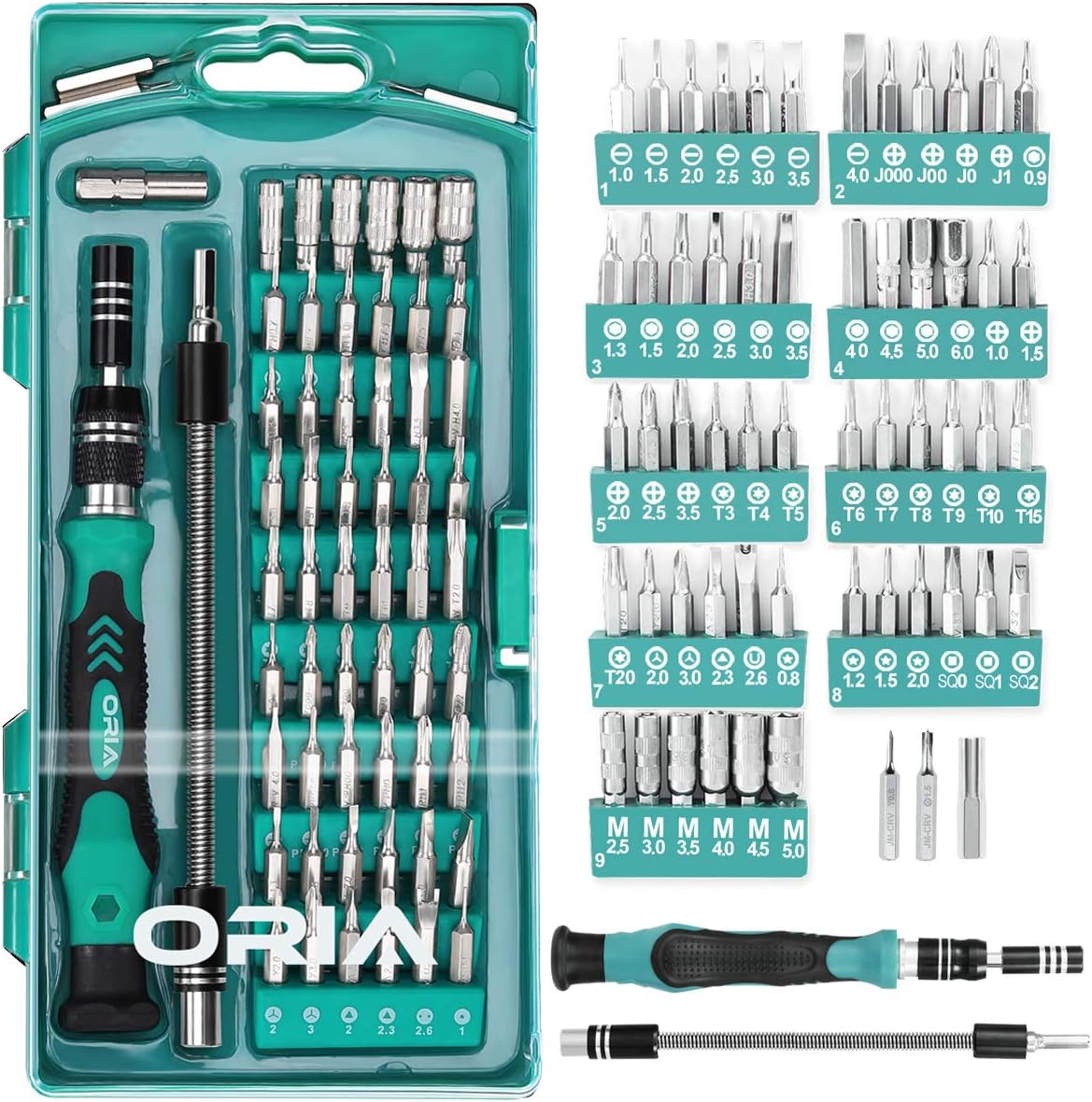 ORIA Precision Screwdriver Set 60 in 1 with 56 Bits Best Torx Mini Screwdriver Set with Case Flexible Shaft Extension Rod Repair Tool Kit For Electronics IPhone Computer Watch Jewelers Table Green - - 