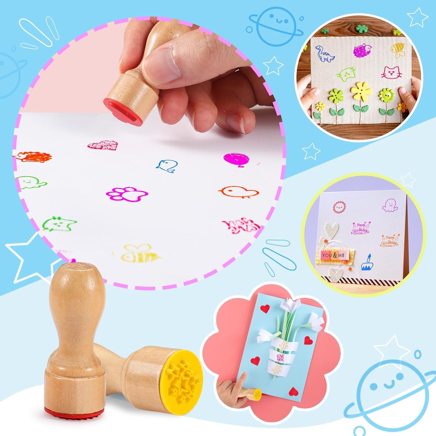 MeCids Stamps for Kids, 21Pcs Wooden Stamp Set - Animal Stamps Star Rainbow Cute Pattern Stamp for Kids Birthday Gift Party Favor Carnival Prizes, Kid Art Projects