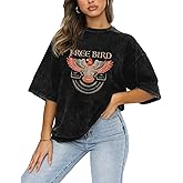 Vintage Rock Band Tshirts Women Retro Free Bird Western Graphic Tees Country Music Shirts Casual Short Sleeve Tops