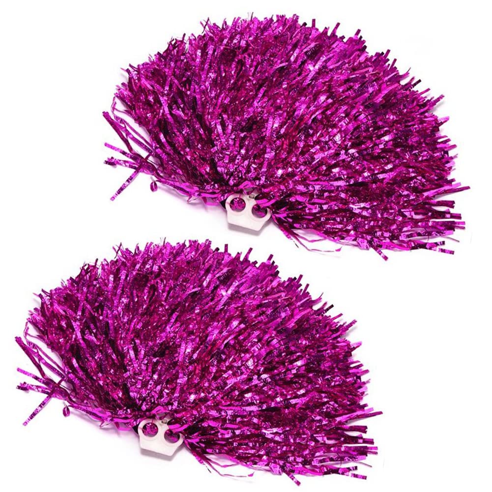 QUUPY 2Pcs Cheerleading Pom Poms Shining Metallic Fluffy Pom Poms Cheerleader Pompoms with Plastic Finger Ring for Kids Adults Ball Dance Sports Team Spirit Cheering (Hot Pink)