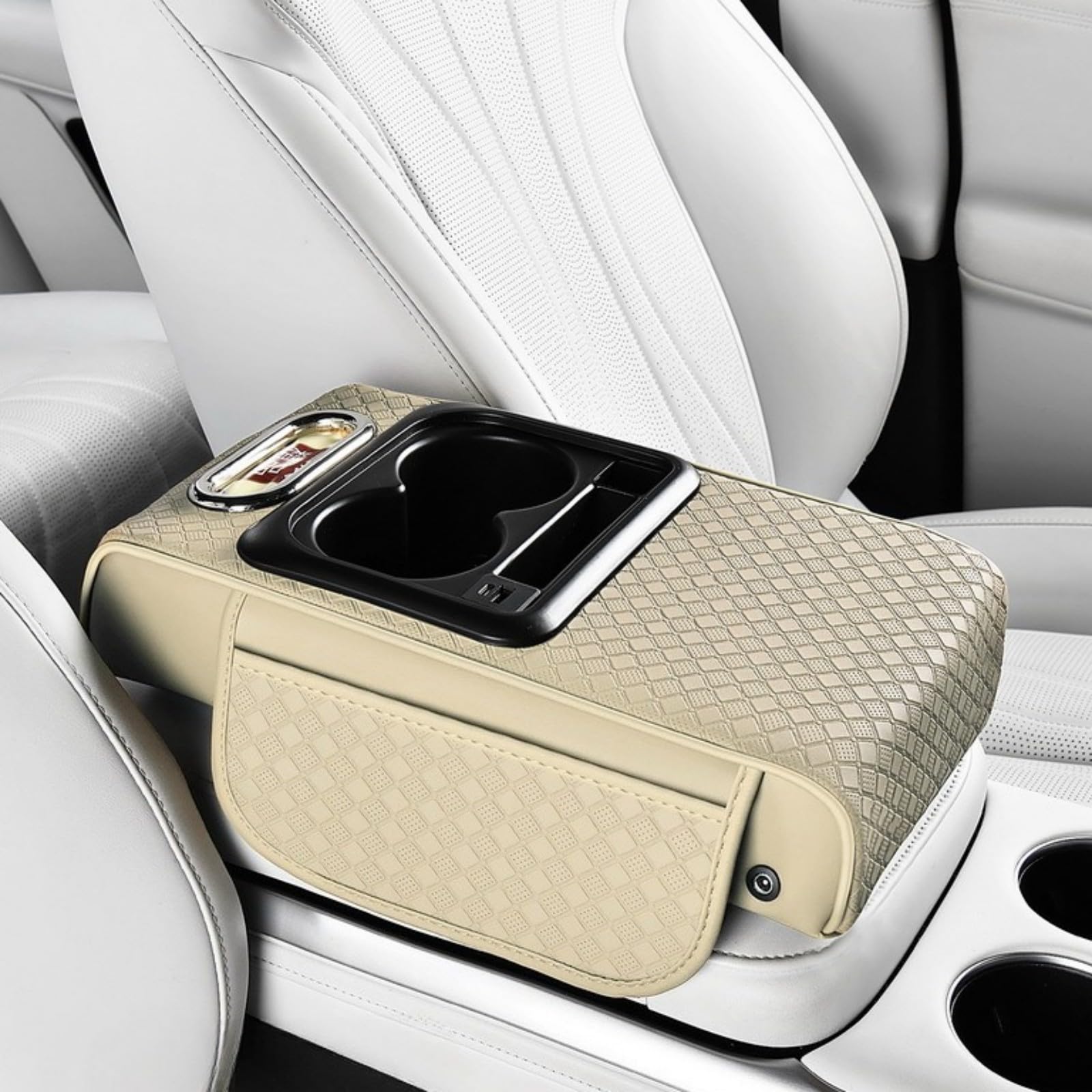 Photo 1 of 2026 Upgraded Car Center Console Cushion with 30w USB& Type-C Charging Ports, Leather Car Armrest Pad Cover, Interior Accessories for Most Vehicles (Classic Flat Version, Light Beige)