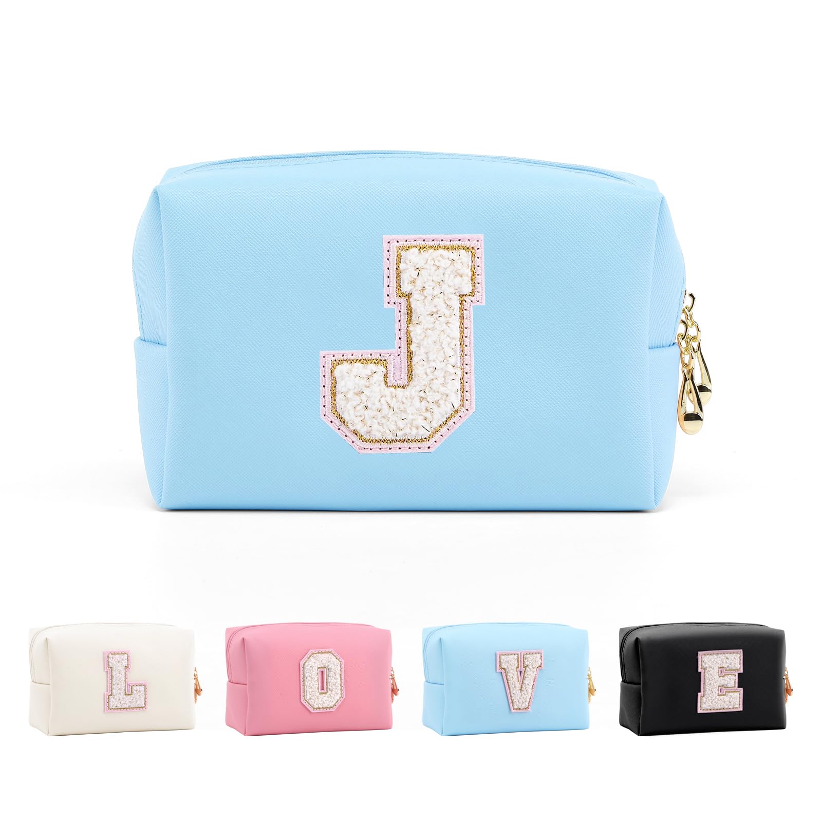 Anntry Small Personalized Initial Letter Makeup Bag, Cute Waterproof PU Leather Chenille Letter Cosmetic Bag Travel Makeup Bag, Preppy Makeup Pouch Toiletry Zipper Pouch Organizer for Women and Girls