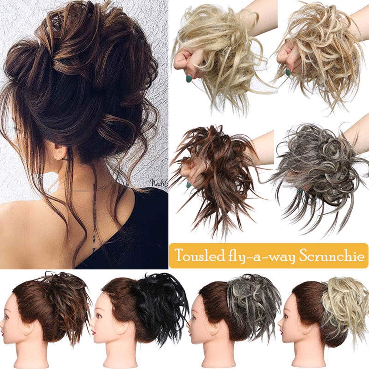 Messy Hair Bun Chignons Synthetic Hair Extensions Wavy Donut Updo Scrunchy Curly Hairpieces Silver Grey
