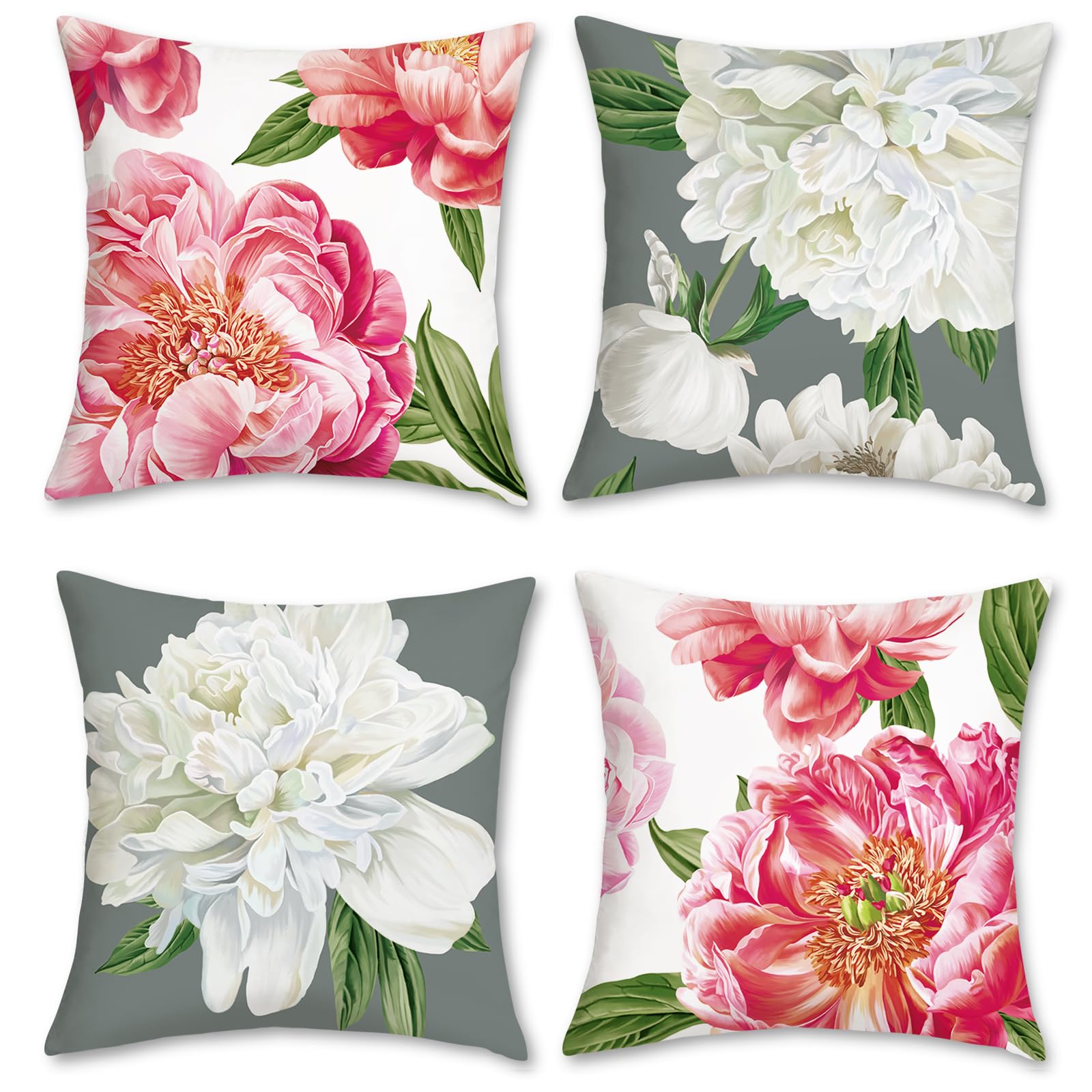 Bonhause Peony Floral Cushion Covers 45 x 45 cm Pink White Flower Spring Decorative Throw Pillow Covers for Sofa Home Garden Decor Set of 4