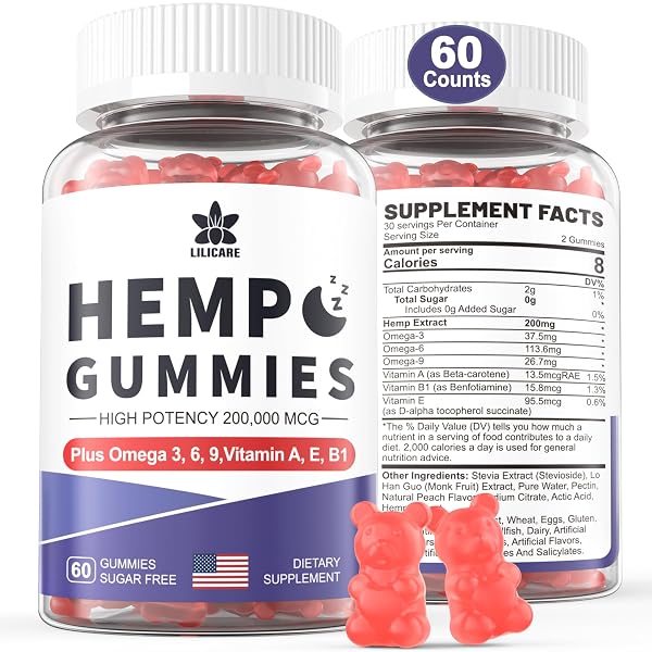 HEMPTOTALLY HEMP GUMMIES 200MG, HIGH POTENCY VEGAN HEMP OIL WITH OMEGA 3 6 9, VITAMIN A、E & B1, ZERO SUGAR, 60 GUMMIES, 30 SERVINGS