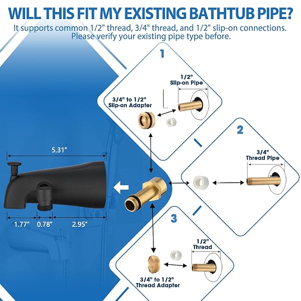 PROOX ALL METAL TUB SPOUT WITH DIVERTER MATTE BLACK, 6 SETTINGS HAND HELD SHOWER WITH ON/OFF PAUSE SWITCH, BATHTUB FAUCET WITH SPRAYER