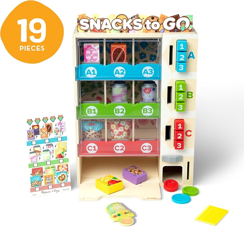 Set Il Distributore Automatico delle Merende in Legno - Macchina con Snack Finti, Monete e Tessere, Gioco Educativo di Imitazione, Idea Regalo Creativa per Bambini e Bambine, 3+