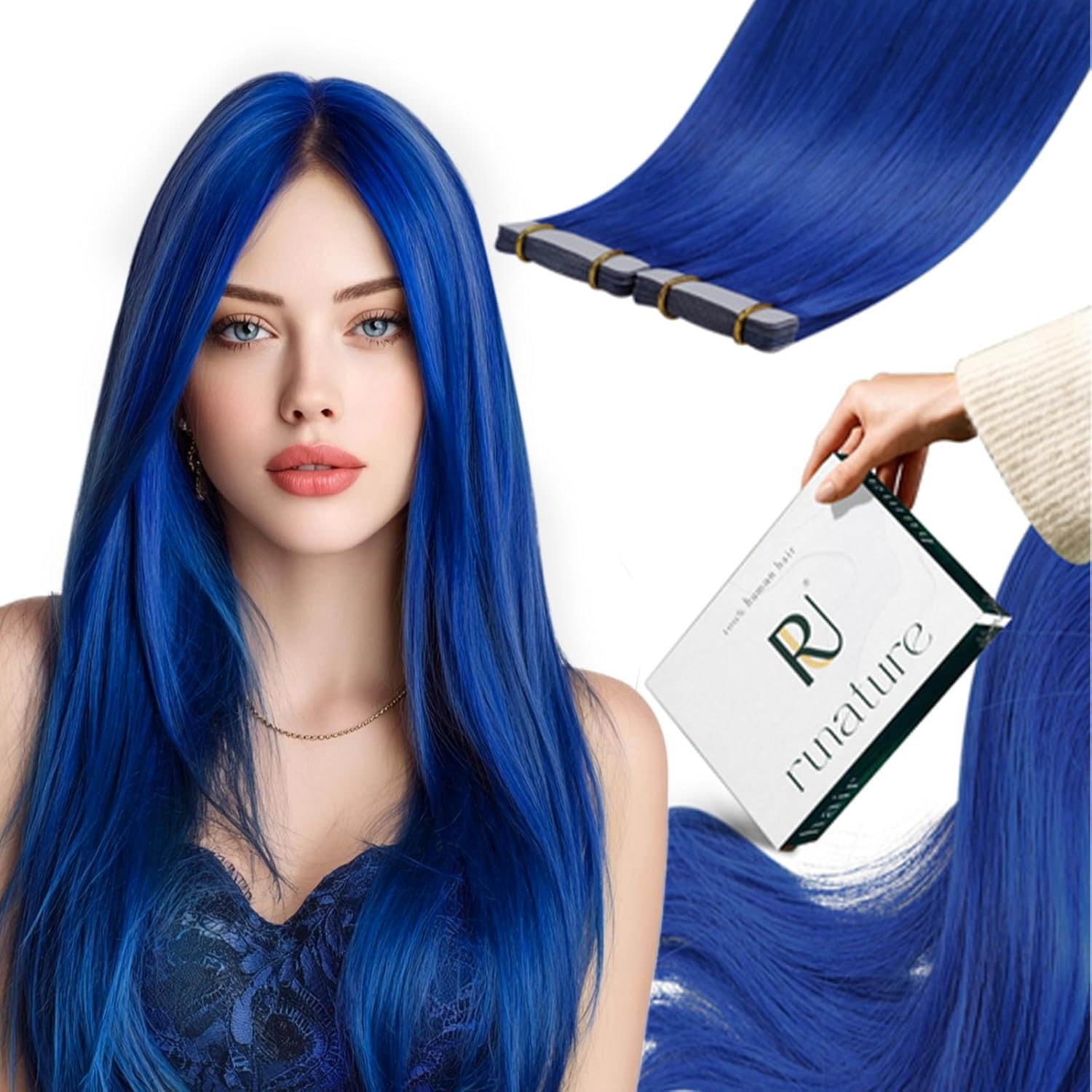 RUNATURE Tape in Blue Hair Extensions Human Hair 12 inch Tape Hair Extensions Real Human Hair Straight Invisible Tape Hair 20g #blue — image 1