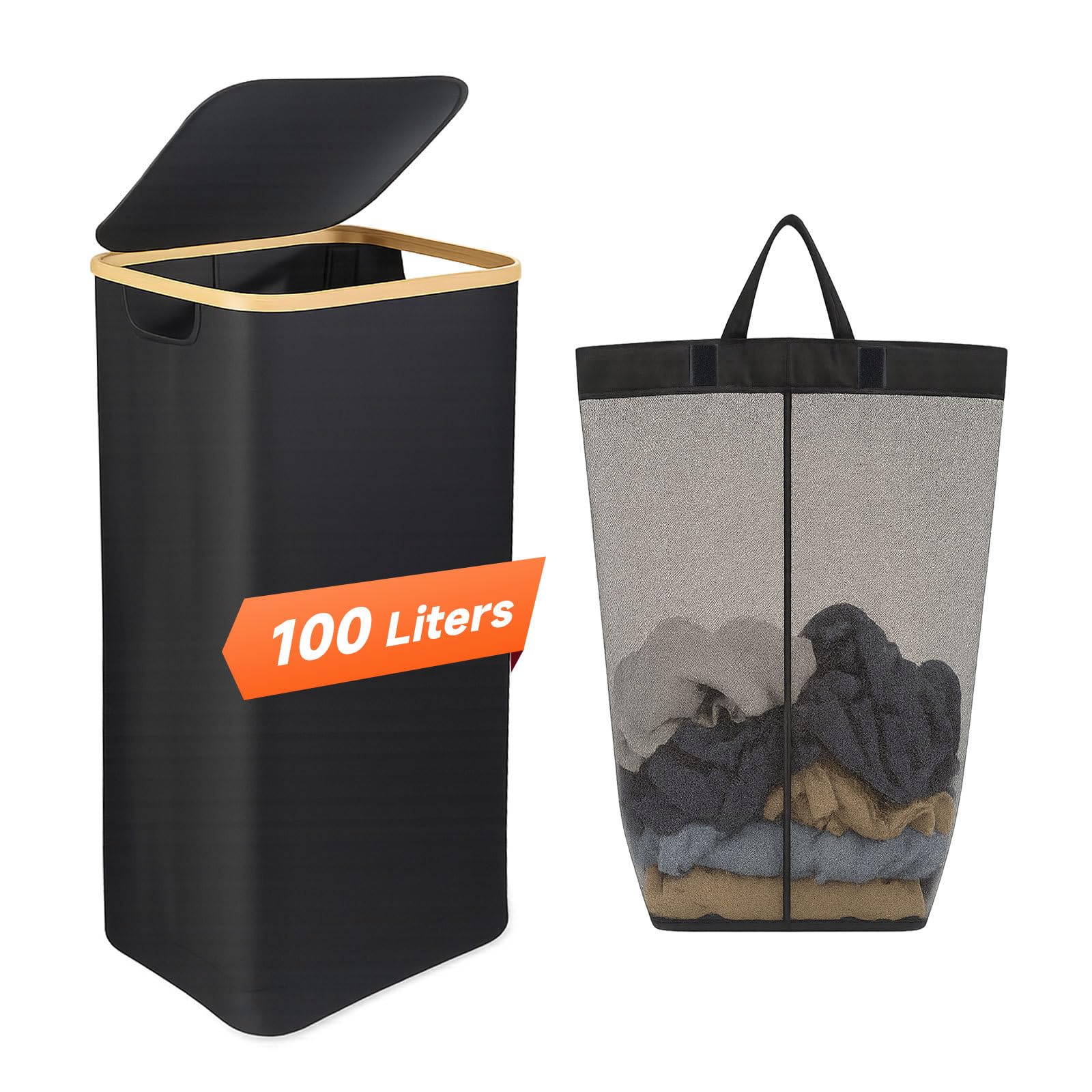 Photo 1 of 26 Gall/100L Foldable Laundry Hamper with Lid & Collapsible Basket - Clothes Hampers for Laundry with Bamboo Handles and A Removable Bag, Portable Clothes Organizer for Home, Dorm, Travel, Black