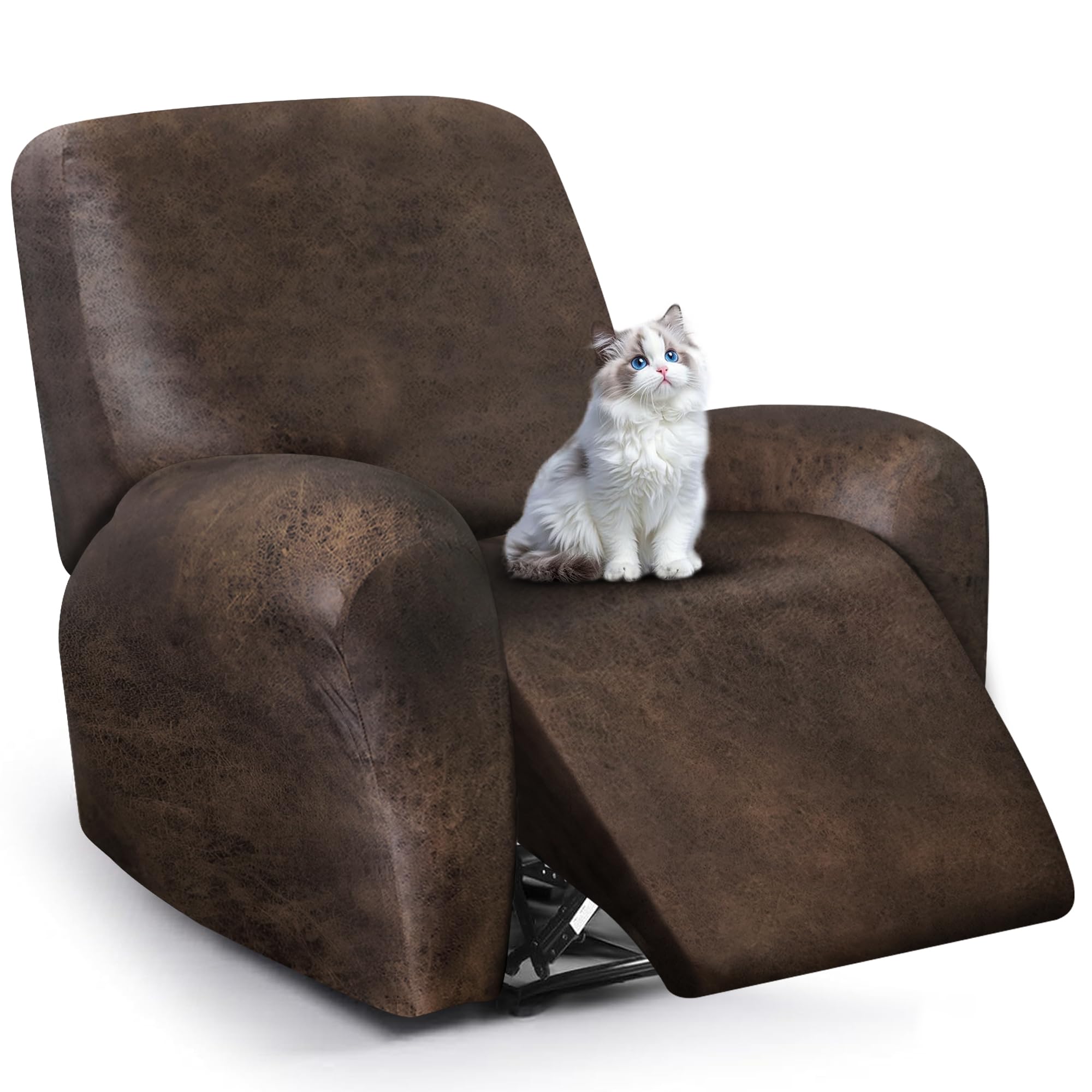 Photo 1 of ANARACHON Leather Look Recliner Chair Covers, 4-Pieces Stretch Recliner Cover, Soft Reclining Chair Slipcover, Washable Furniture Protector for Lazy Boy Recliner (1 Seater, Brown)