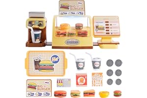 ARK MIIDO Toy Cash Register for Kids Play Cash Register Toys Play Store with Coffee Machine Hamburger Sandwich Hot Dog Egg Tart Play Money Play Food Pretend Play Set Fast Food Gifts for Girls Boys Kids Ages 3+