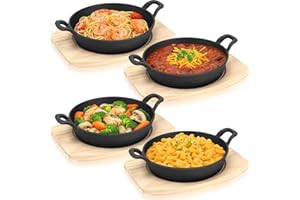 4 Sets Mini Cast Iron Skillet Small Cast Iron Plates Skillet with Wooden Base Small Round Pan Fajita Plate Pot for Baking Coo