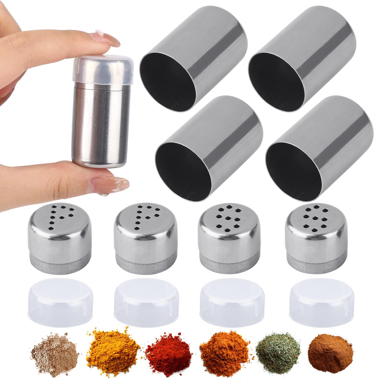 Pack of 4 Mini Salt Shaker, Powdered Sugar Flour Shaker, 5 ml Spice Bottle, Stainless Steel Pepper Jar with Lid, Spice Shaker with S/P-Shaped Holes for Bento Box, Outdoor Grill and Home Spice 25 x 48