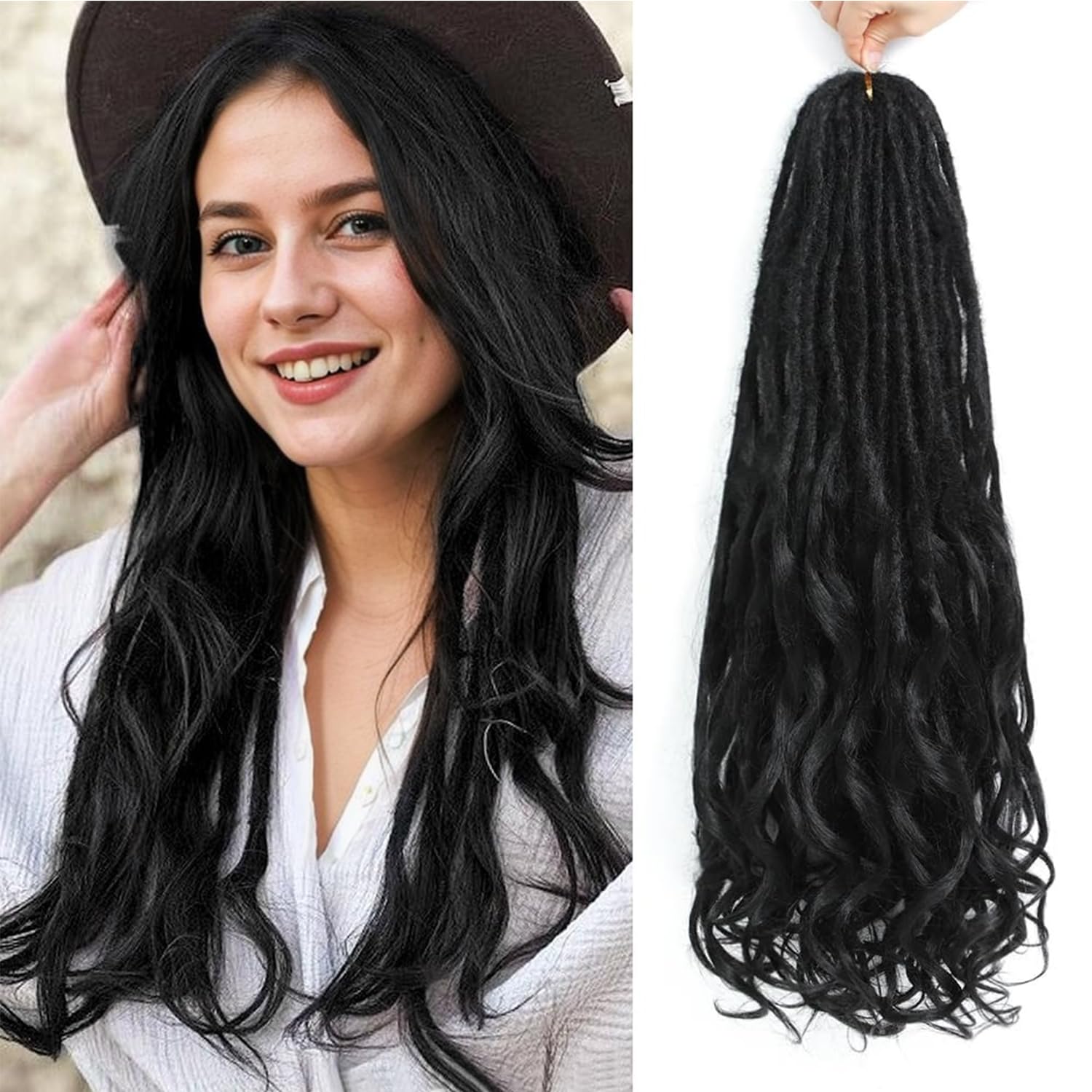 DT CHERYL Loose Wave Dreadlocks 24 Inch 10 Strands Double Ended Dreadlock Extensions With French Curly Ends, 0.6CM Thin Synthetic Curly DE Dreadlock Extensions for Women (1B#, 24 Inch 10 Strands)