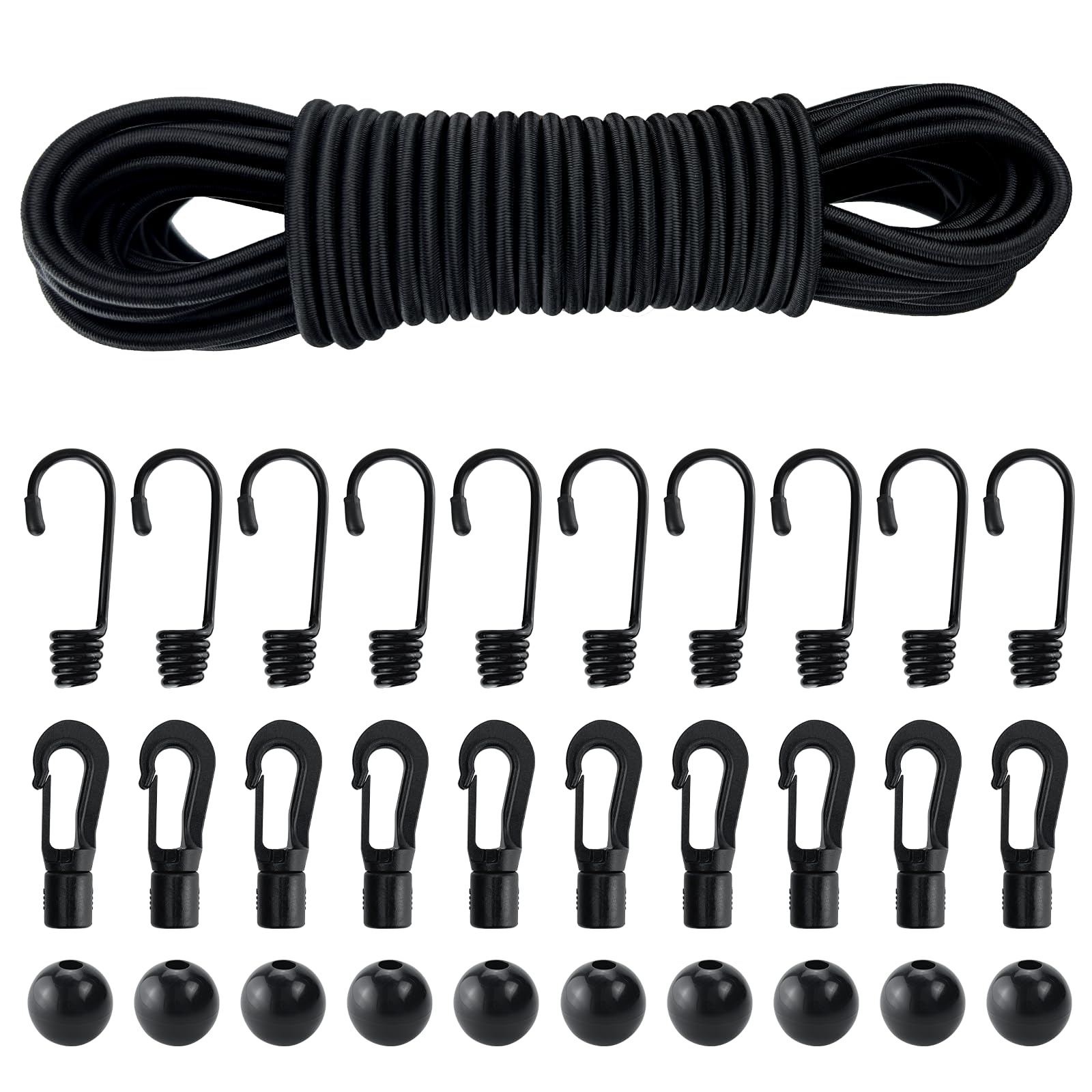 Elastic Rope Elastic Cord 4mm x 10m, Bungee Cord with 10 x Hooks, 10 x Balls, 10 x Plastic Hooks, Camping Tarp Cord, Shock Cord Rubber Cord for Camping, Kayaking, Backpack, Bicycle, DIY Set - Black
