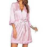 Ekouaer Women's Lace-Trim Silk Robes Bride Bridesmaid Kimono Satin Bathrobe V Neck Sleepwear with 3/4 Sleeve