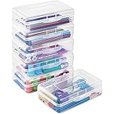 Sooez Plastic Pencil Case Box 6 Pack, Large Crayon Maker Pen Organizer, Plastic Containers with Snap Lids, Stackable Craft Storage Boxes Bulk, School Supplies Art Box for Bead, Clear