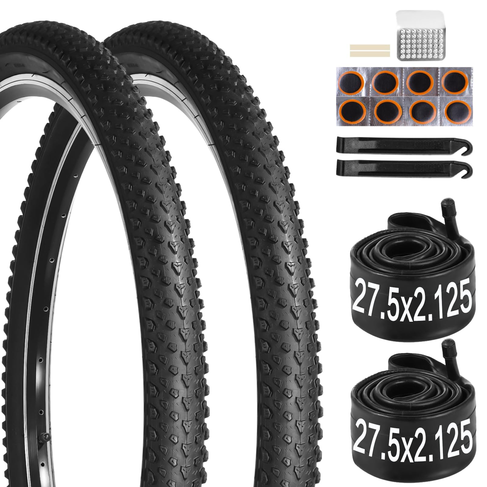 View 1 of 2 Pack 27.5 x 2.125 Mountain Bike Tires and Tubes Set, 27.5 Mountain Bike Tire with 30mm AV Valve, MTB Tires with Anti-Slip Tread for Commuting, Pavement