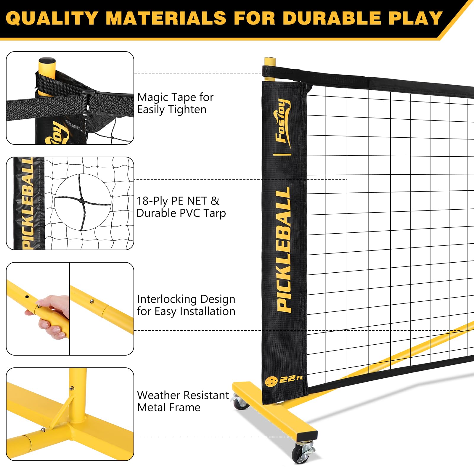 Portable Pickleball Net Set with Wheels, Regulation Size 22 FT & Half Court 11 FT, Steady Metal Frame Pickle Ball Net Set System with Carry Bag for Backyards, Driveways, and Garages