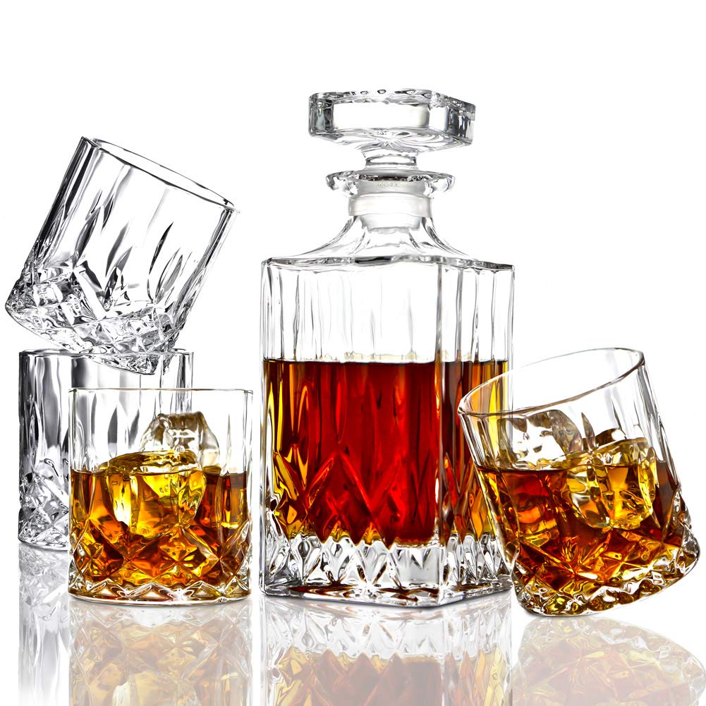 Photo 1 of ***DAMAGED - SEE NOTES/PICTURES***ELIDOMC 5PC Italian Crafted Crystal Whiskey Decanter & Whiskey Glasses Set, Crystal Decanter Set With 4 Whiskey Glasses, Whiskey Decanter Sets for Men.