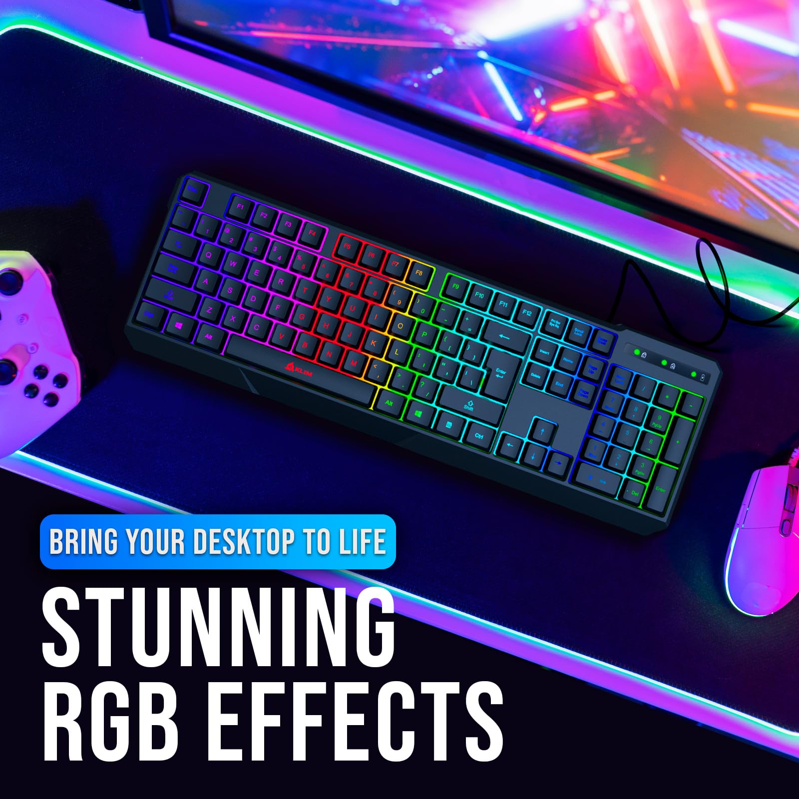KLIM Chroma – USB RGB Gaming Keyboard, Wired PC Computer Keyboard, Membrane, Waterproof Durable, 2 ms Response, PS4/PS5 & Mac Compatible