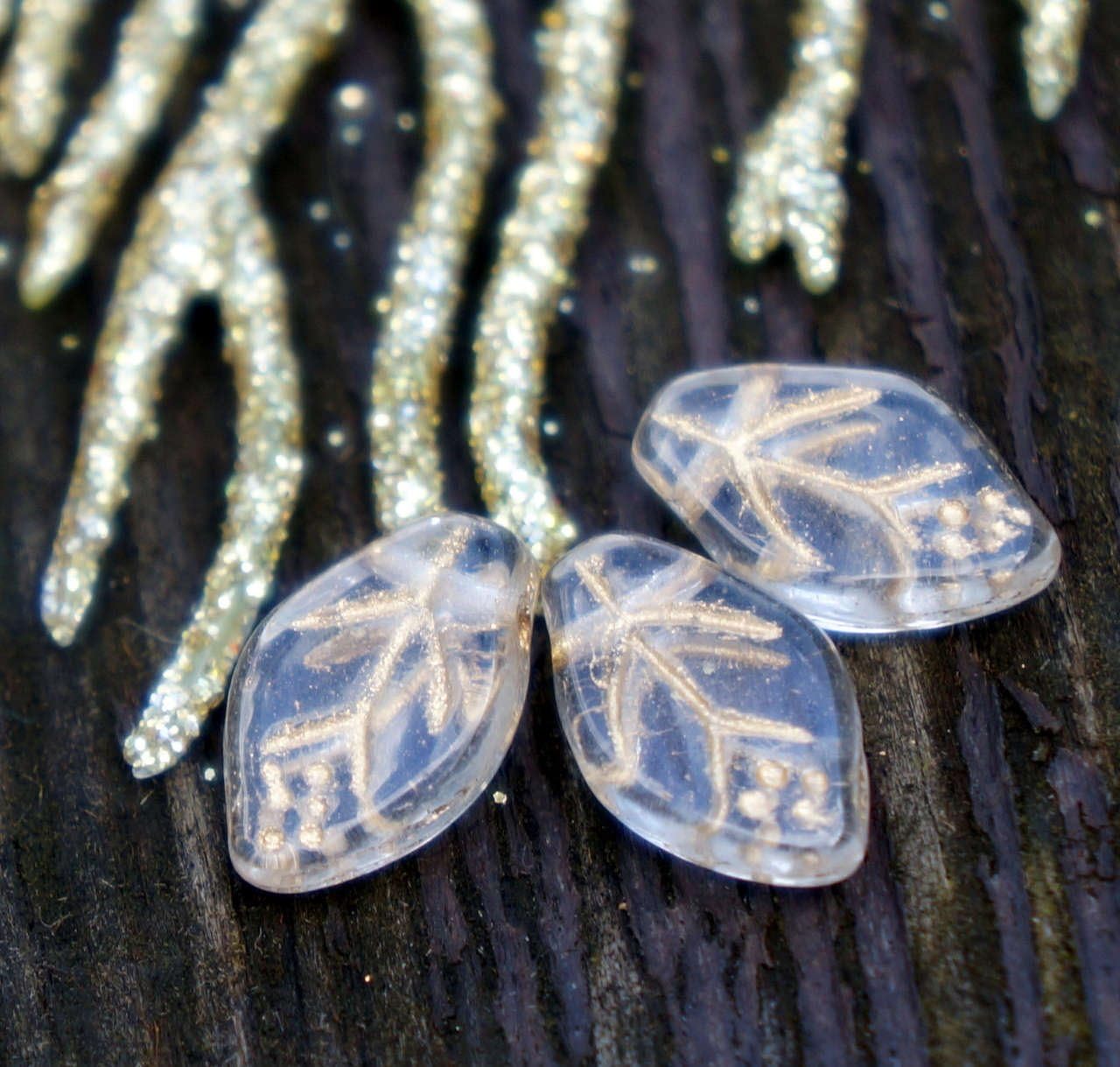 Crystal Clear Gold Glass Leaf Beads Czech Leaf Beads Leaf Bead Clear Carved Leaf Beads Gold Leaf Beads Carved 13mm x 7mm 14pc