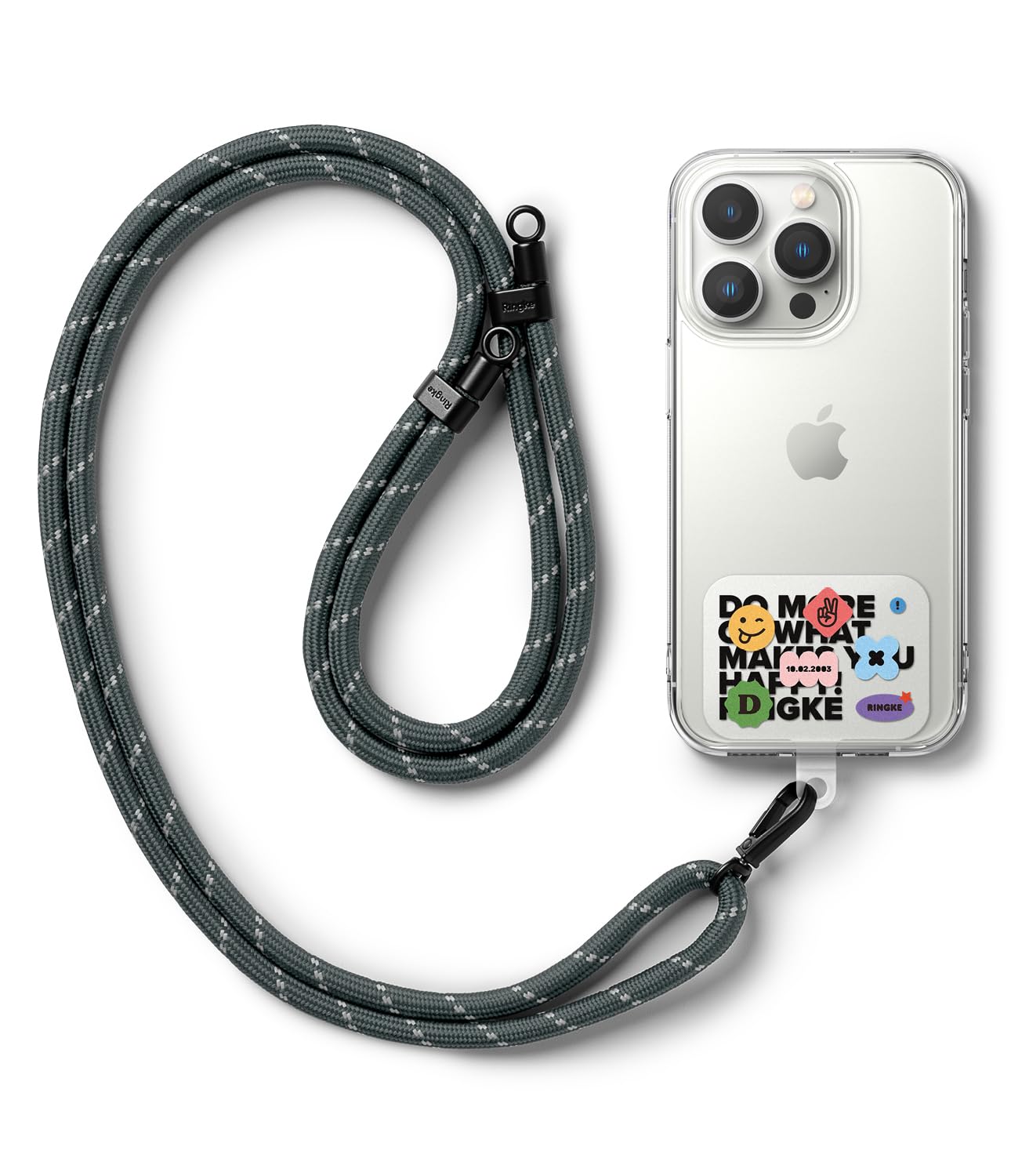 Ringke Holder Link Strap with Graphic Design TPU Tag, Adjustable Crossbody Polyester Rope Lanyard Compatible with Universal Smartphone Case - Lettering Patch/Charcoal & Gray