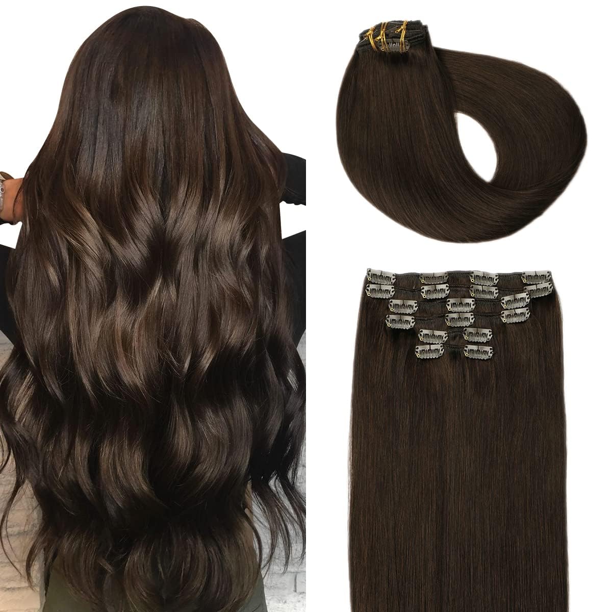 SURNEL Hair Extensions Clip in Real Human Hair 16inch 40cm #2 Dark Brown Thick Soft 6 Pcs Straight Human Hair Clip in Extensions Full Head Double Weft 100 Grams (C#2, 16'')