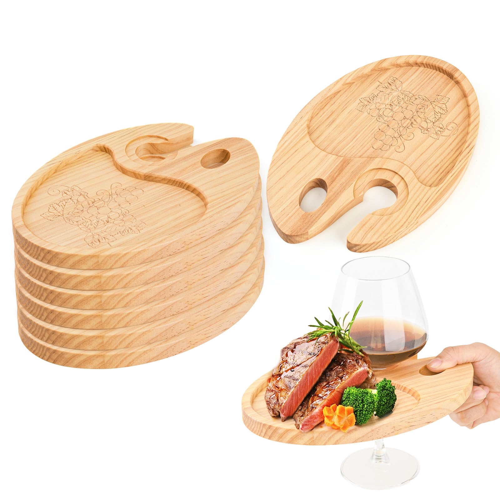 Photo 1 of FZMEHL 6 Pcs Wine Appetizer Plates with Wine Glass Holder, Mini Charcuterie Boards, Wood Cocktail Cheese Plate for Party, Picnic, 9 x 6
