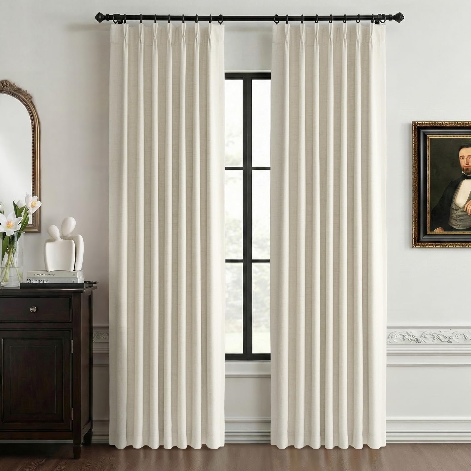 Photo 1 of 100% Blackout Shield Linen Look Textured Pinch Pleated Curtains Blackout Drapes 90 Inch Long 2 Panels Set, Faux Linen Blackout Curtains for Bedroom & Living Room, 40" W x 90" L, Beige White