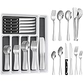 53PCS Silverware Set for 8 with Flatware Drawer Organizer, Stainless Steel Cutlery Set with Steak Knives, Include Spoons and Forks Set & Serving Utens, Dishwasher Safe, Heavy Duty, Silver