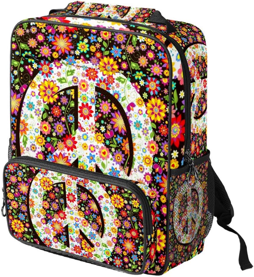 Hippie Flowers Peace Symbol School Backpack Laptop Backpacks Casual