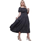 MakeMeChic Women's Plus Size Summer Floral Maxi Dresses Curvy Short Sleeve Shirred Boho Beach Wedding Long Dress