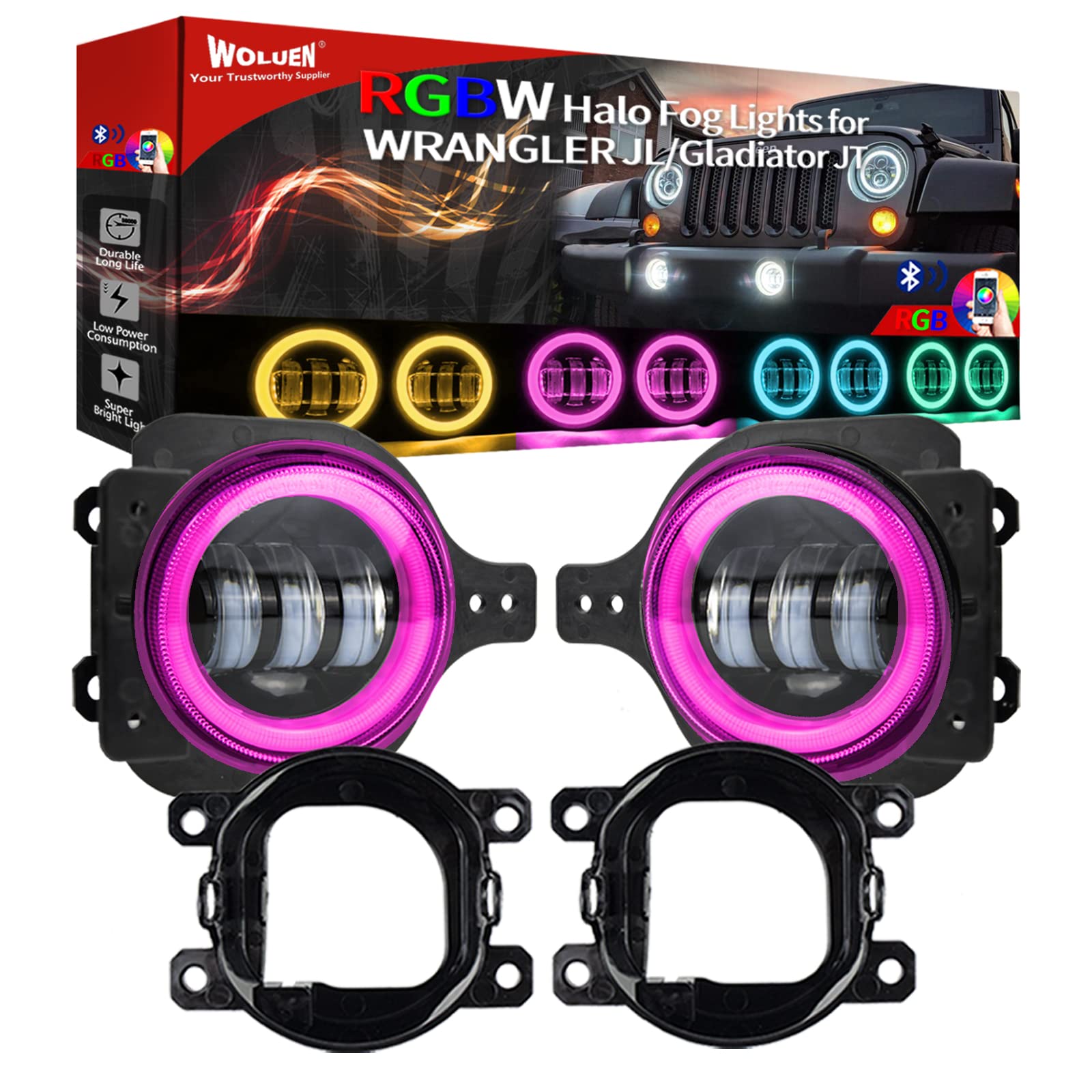 Photo 1 of 4 inch Fog light for Wrangler JL Gladiator Sport Fog Lights with RGBW halos Compatible with 2018-2023+ Wrangler JL JLU Unlimited Sport Rubicon Sahara with 2 Pairs Mounting Bracket,DOT Compliant