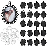 PH PandaHall Pendant Bezel Settings Kit, Oval Pendant Tray Blank Glass Clear Cabochon Dome Memorial Photo Pendants for Necklace Wedding Bouquet Graduation Photo Charm, Black