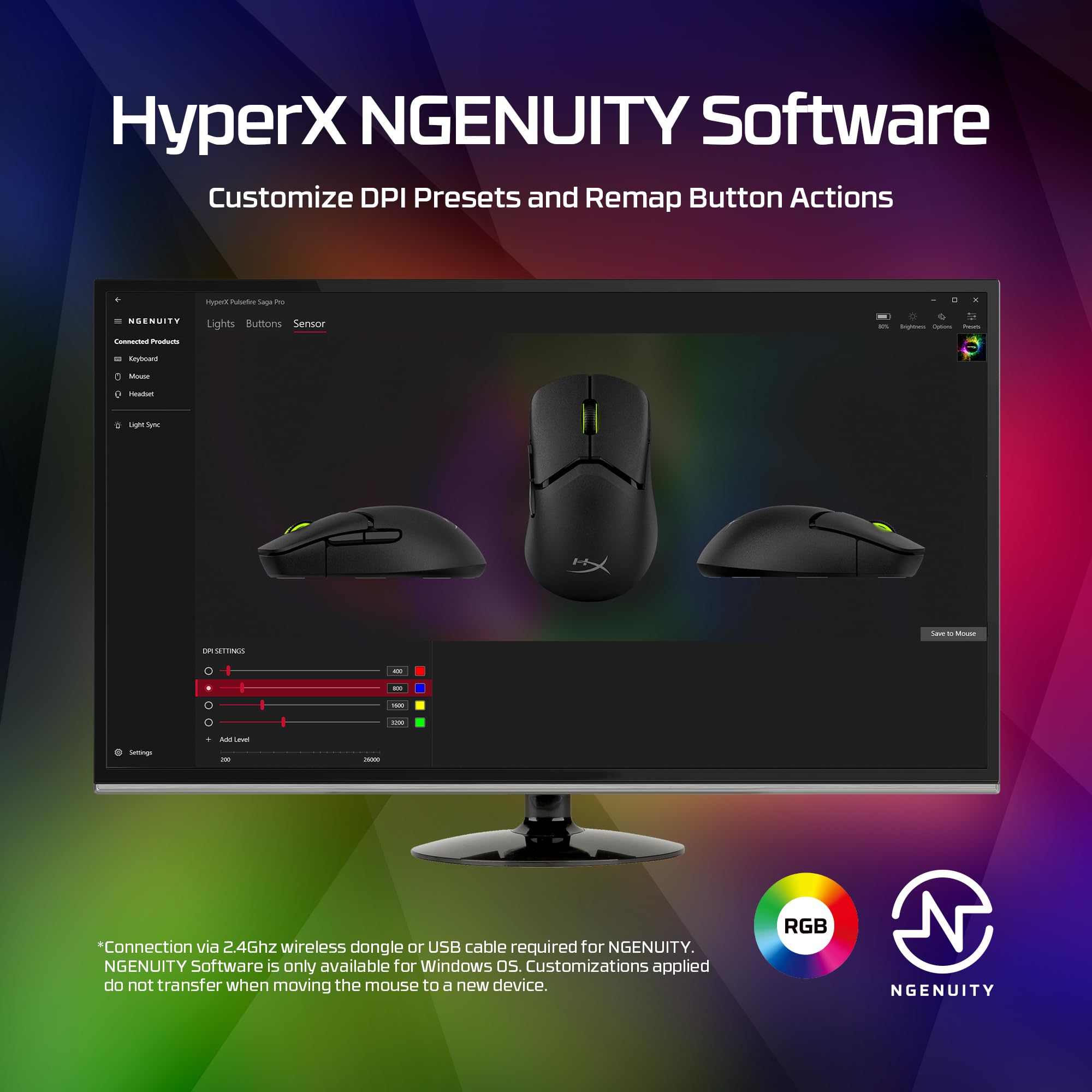 HyperX Pulsefire Saga Pro Wireless Gaming Mouse – 4K Wireless Polling, 2.4GHz und Bluetooth, Modular Design mit 16 Anpassungen, 90h Akkulaufzeit, 72g Ultraleicht, NGENUITY-Software, NVIDIA Reflex 8